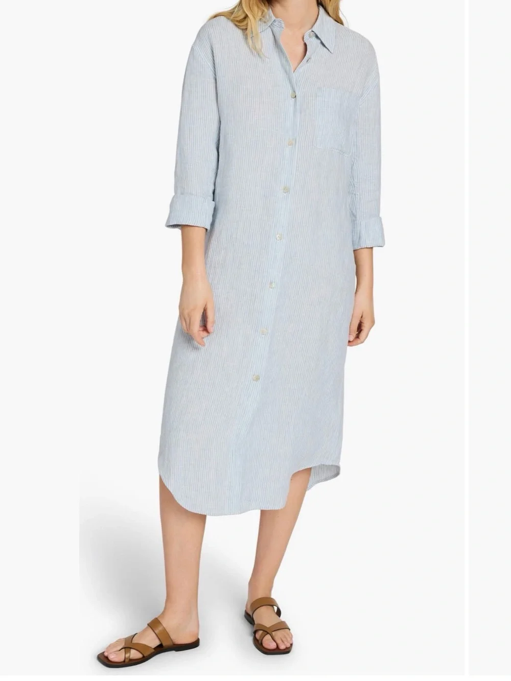 Faherty Laguna Linen Stripe Maxi Shirt Dress in Golden Sun Stripe, size small - Picture 1 of 7